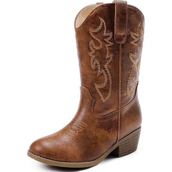 Kids Brown Cowboy Boots Pointed Toe Mid Calf Western Youth Horse Riding - Picture 1 of 7